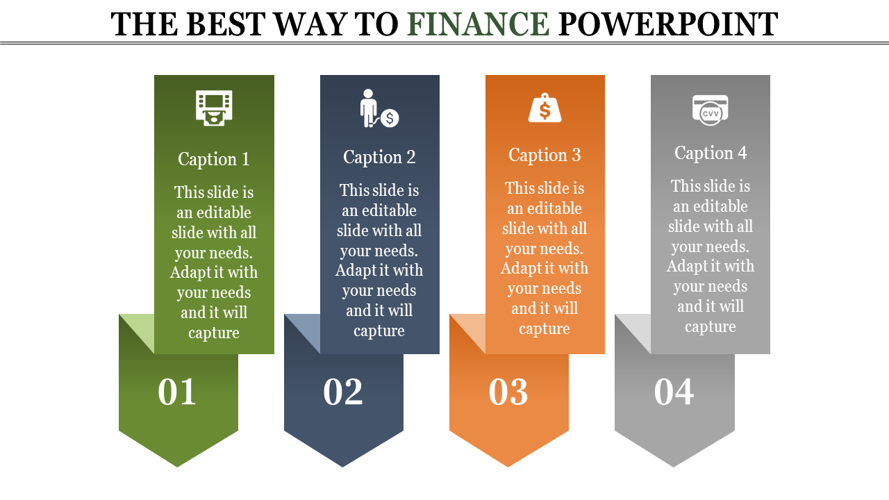 Finance PowerPoint template with four colorful arrows representing different stages with icons and captions.