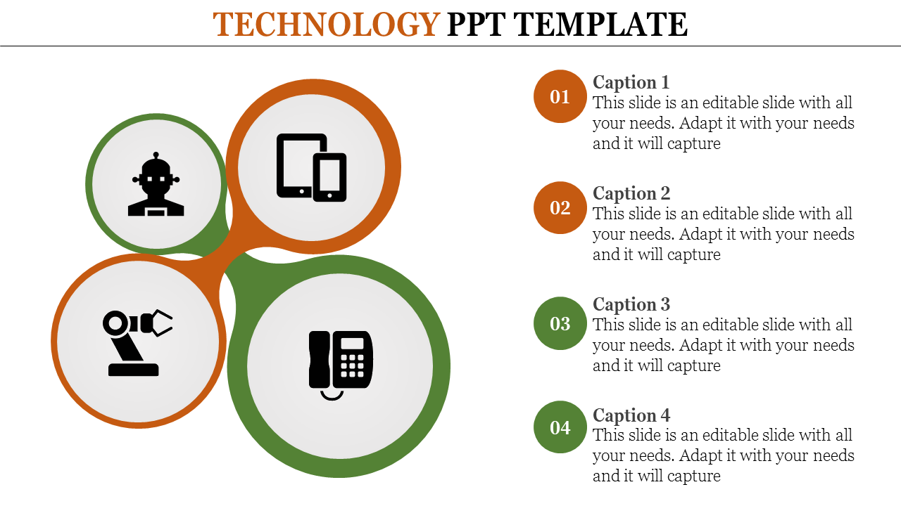 Technology template with overlapping orange and green circles containing icons from robotics to communication.