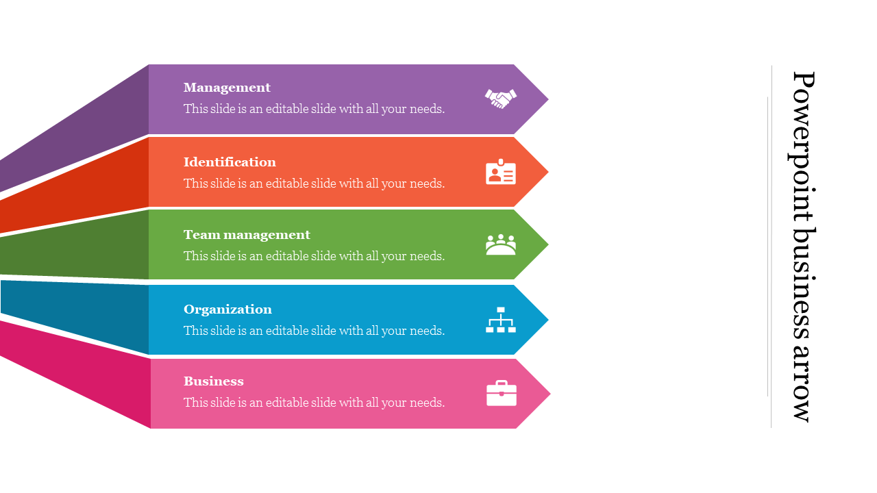 PowerPoint slide with five colorful arrows from Management to Business with icons and placeholder text.