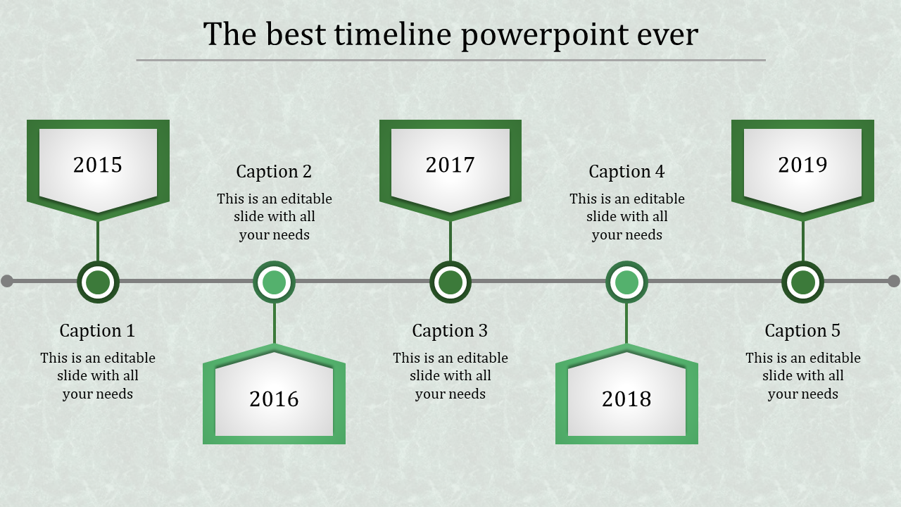 A timeline slide showcasing the years 2015, 2016, 2017, 2018, and 2019, with captions for each year.