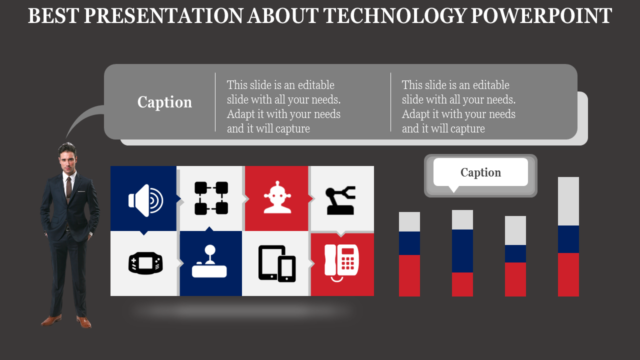 Grid layout with technology icons, bar graphs in red, blue, gray, speech bubble placeholders, and a businessman figure.