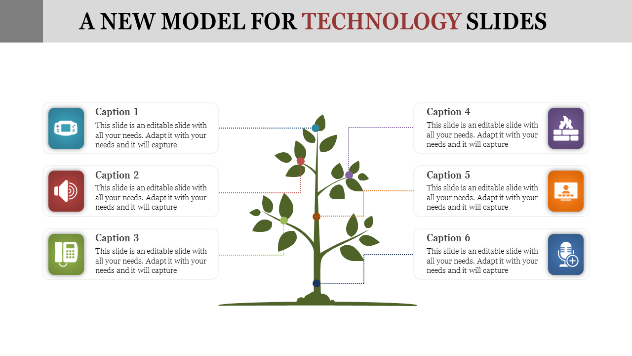 A tree infographic with six branches linking to icons for technology topics, including phone, speaker, and microphone.