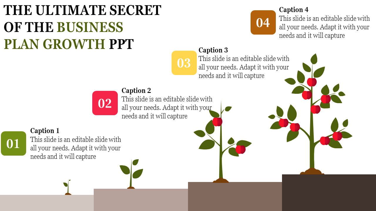 Growth infographic with four stages of a growing plant, numbered captions 01 to 04 in green, red, yellow, and orange.