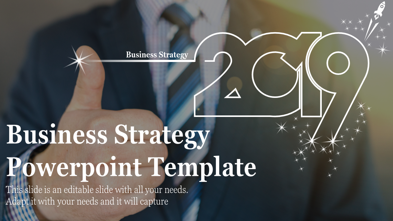 Blurred business background with a person in a suit giving a thumbs up, featuring glittering 2019 overlay and title.