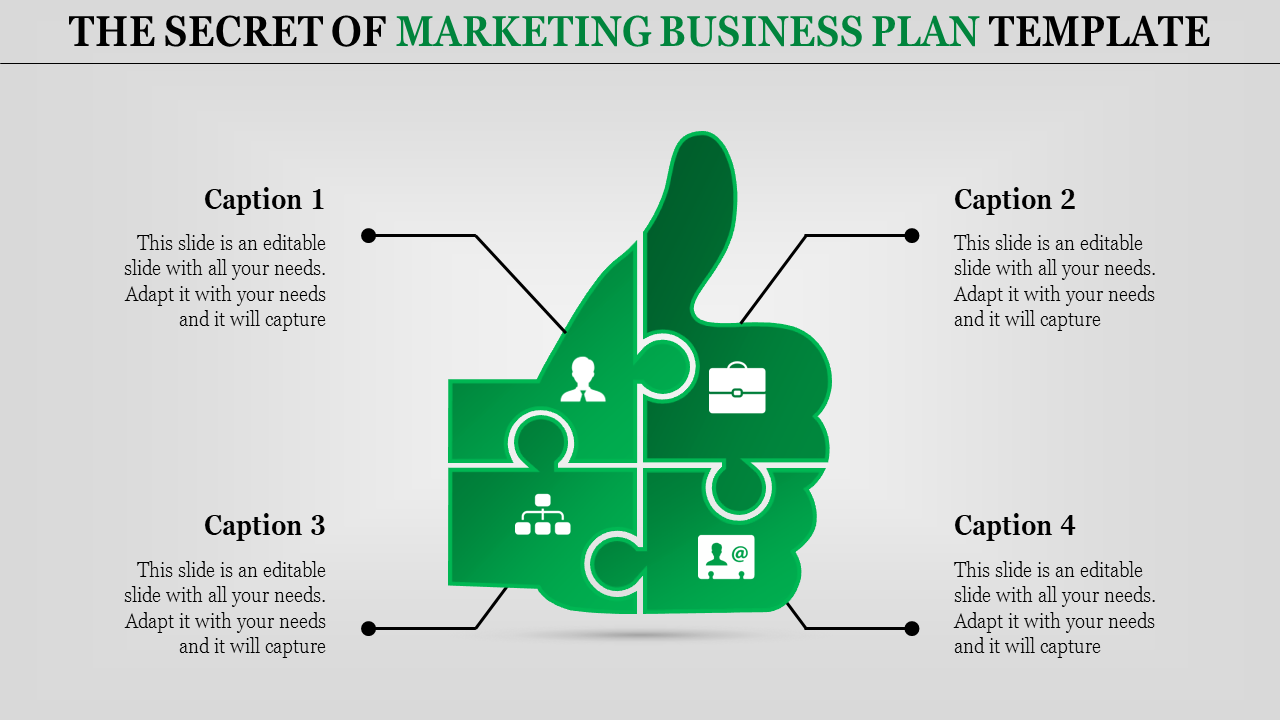 Marketing business plan template with a green thumbs up puzzle design and four captions and icons.