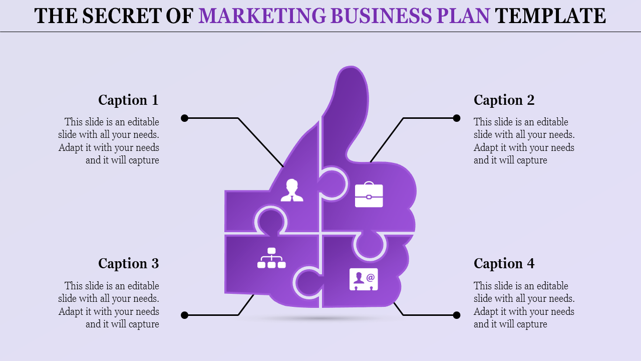 Thumbs-up shaped marketing business plan diagram in purple, split into four sections featuring  icons and linked to captions.