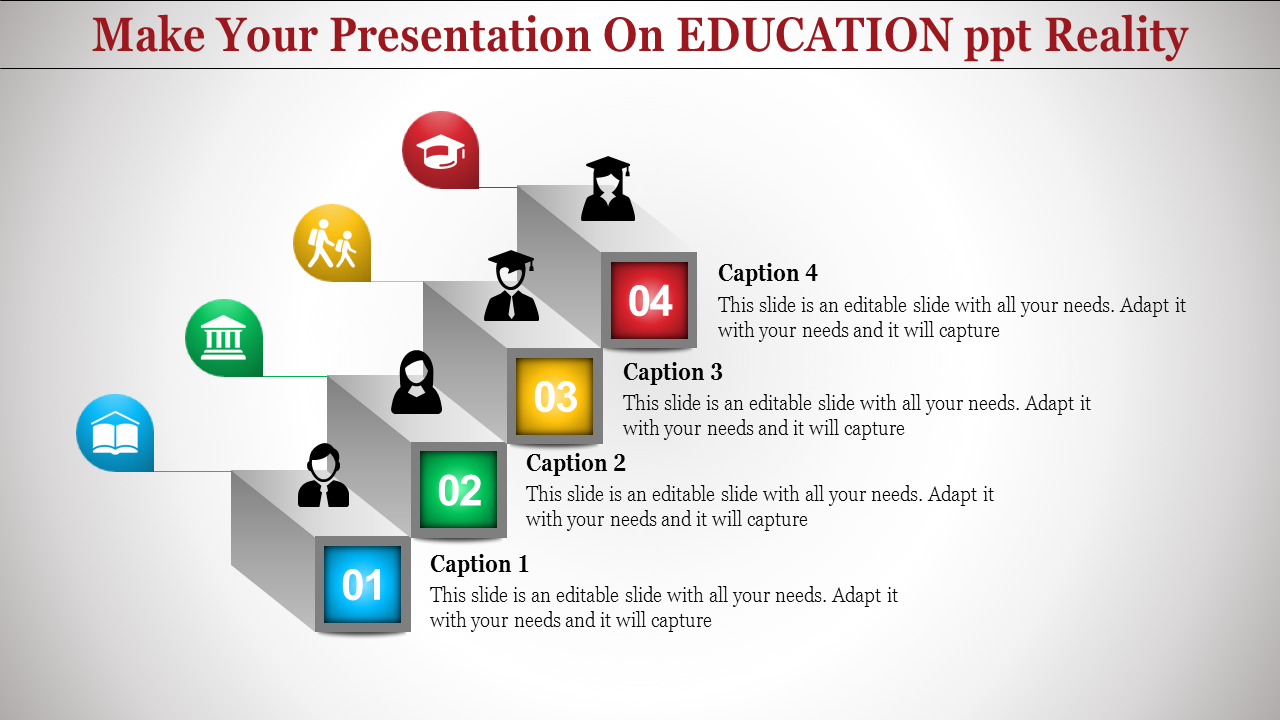 A step-by-step education slide design with numbered blocks from 1 to 4 and colorful icons with text captions.