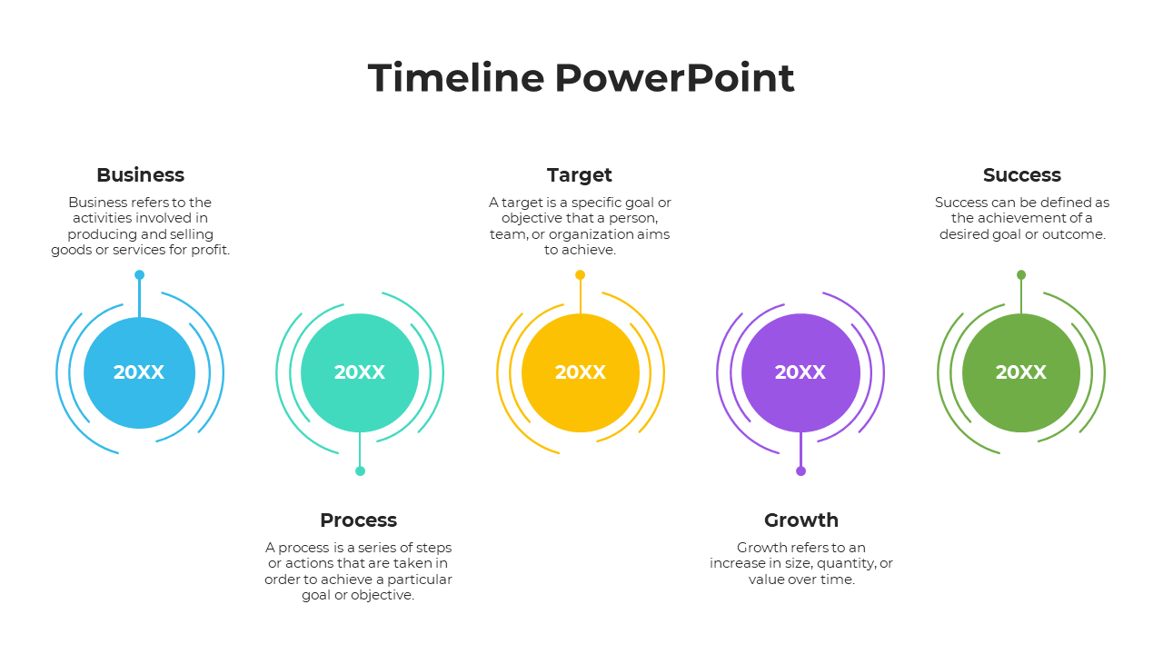 Colorful timeline layout with five circular icons in blue, teal, yellow, purple, and green, arranged horizontally.