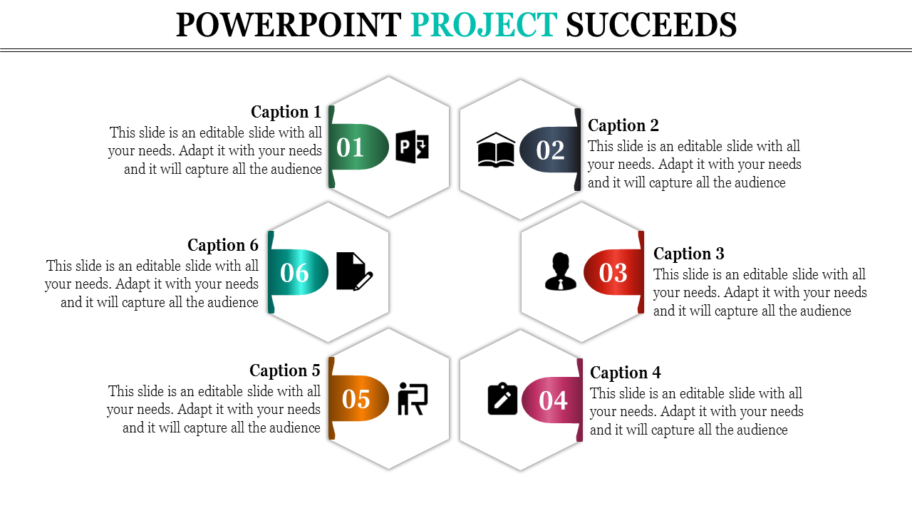 Hexagon project infographic with six numbered captions, icons like book, target, and user, arranged in a structured flow.