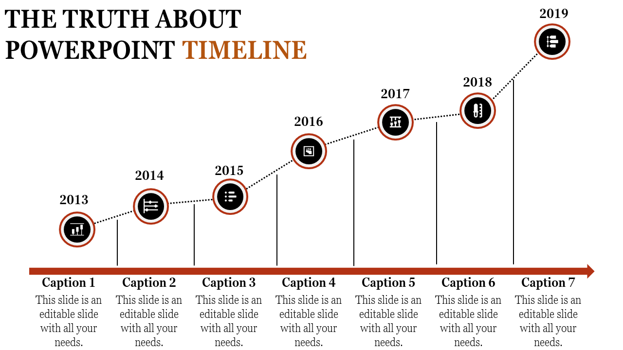 Timeline illustration with seven steps, each represented by a black and red circle featuring icons and year labels.