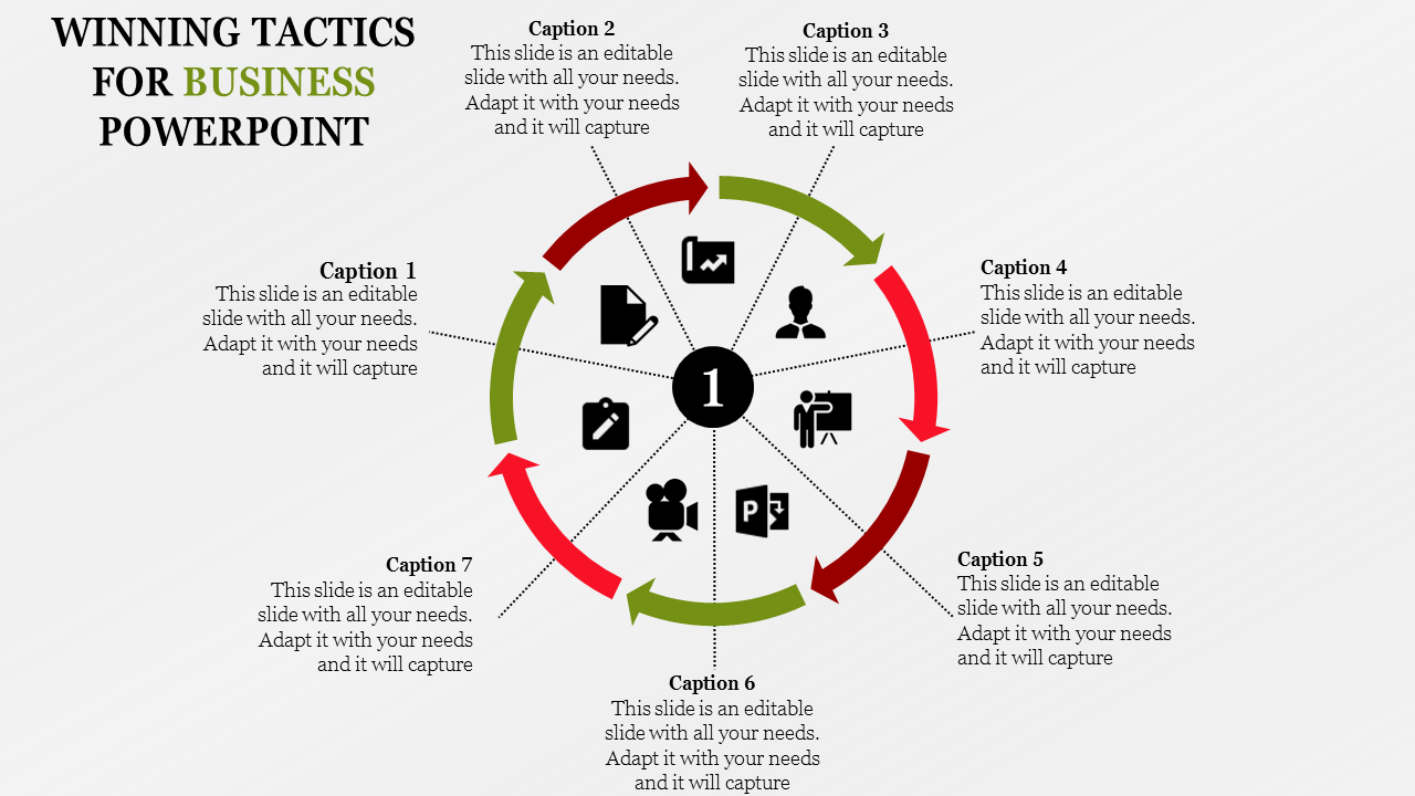 Circular diagram slide with seven sections for business tactics with icons and captions.