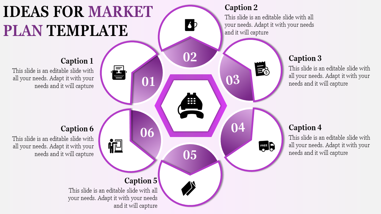 Market plan slide with six numbered options and corresponding icons for business and marketing ideas on a purple theme.