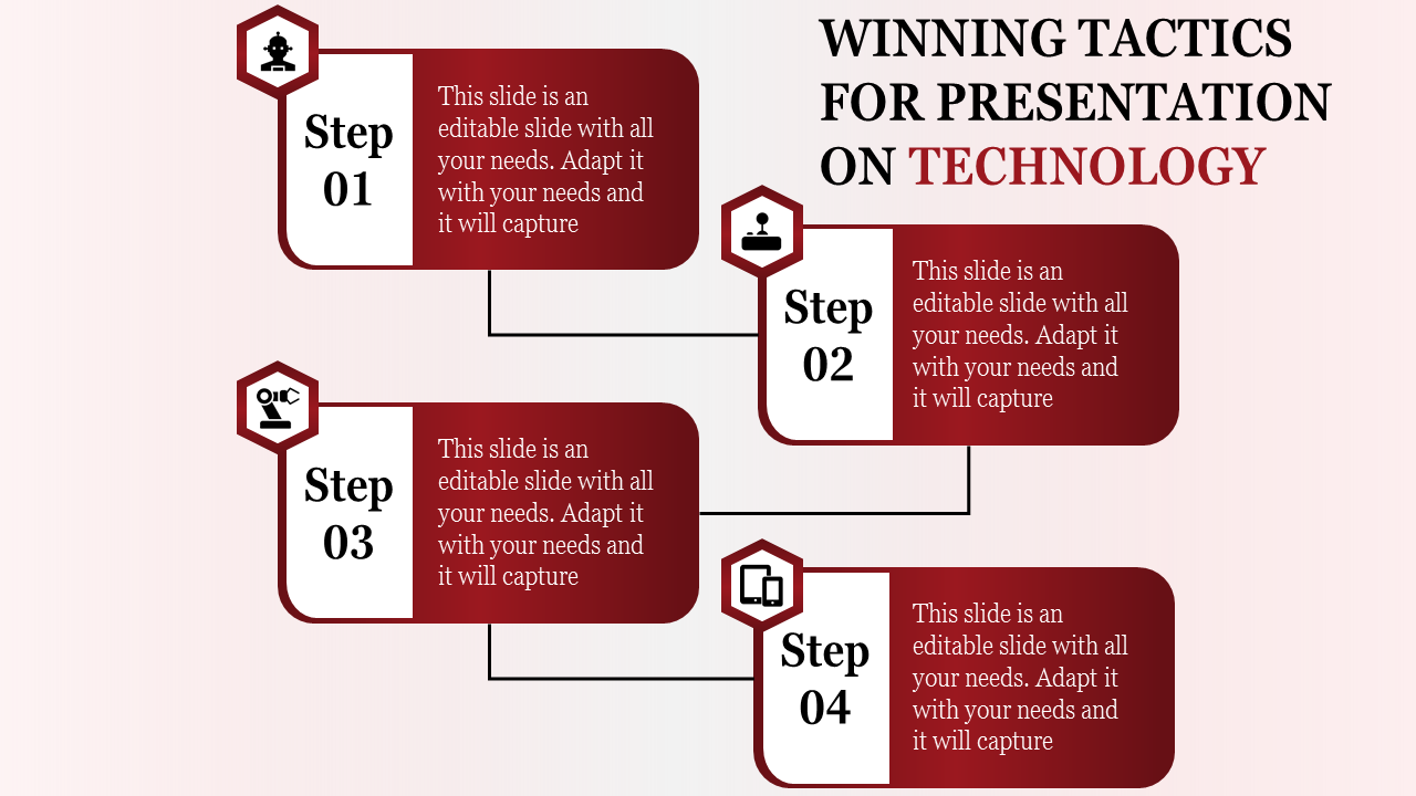 Technology presentation slide with four steps, each featuring a unique icon with placeholder text.