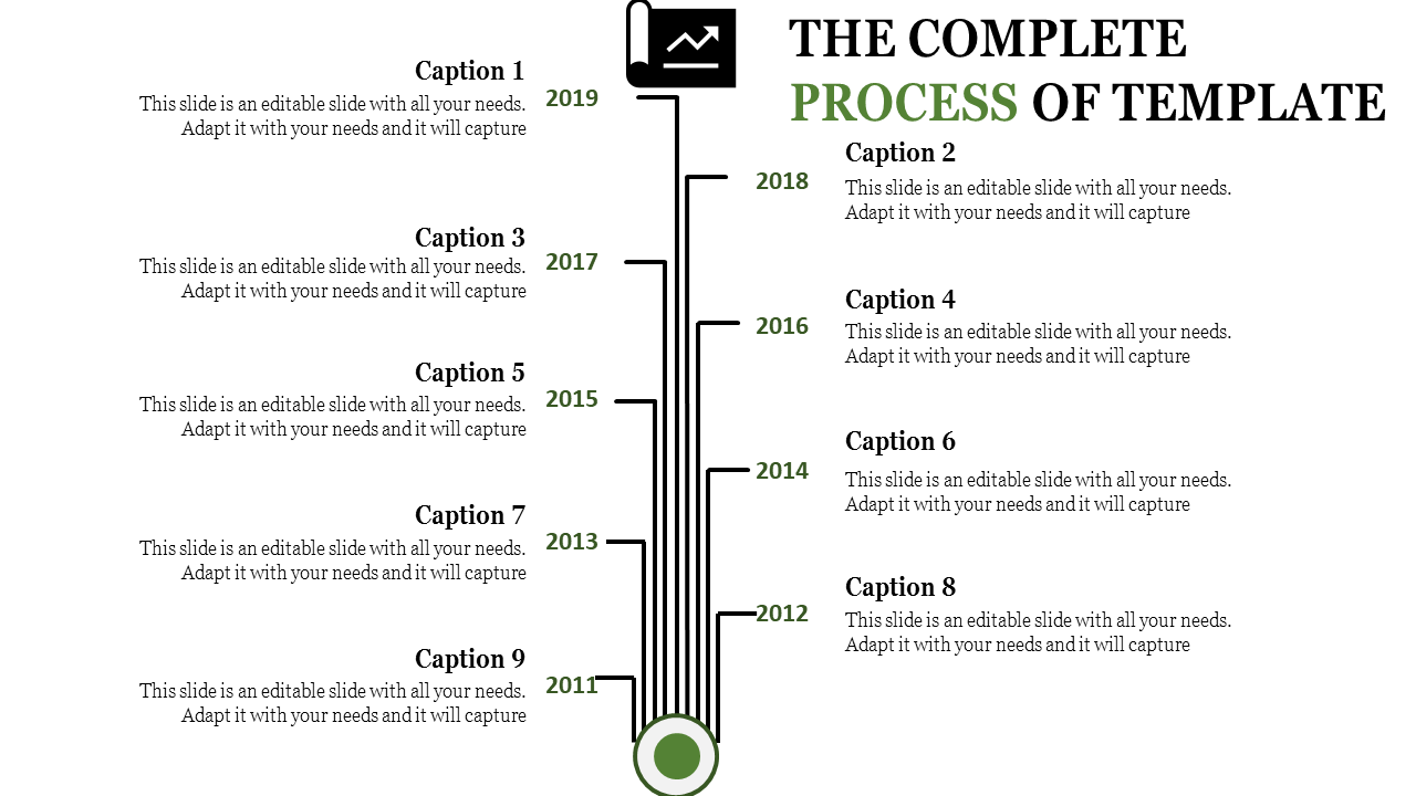 PowerPoint template with a vertical timeline and nine numbered captions for describing a process.