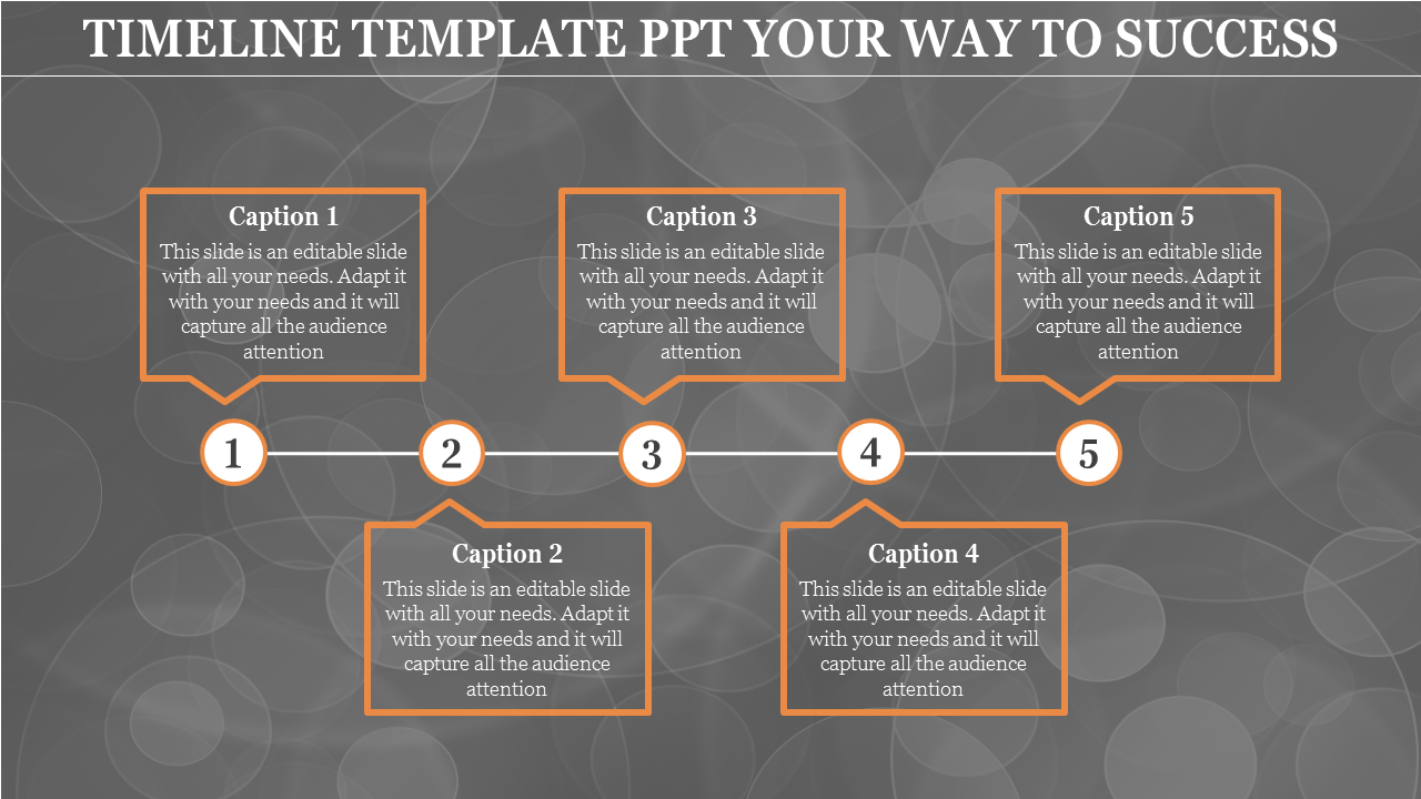 PowerPoint template with a horizontal timeline and five numbered captions for describing events.