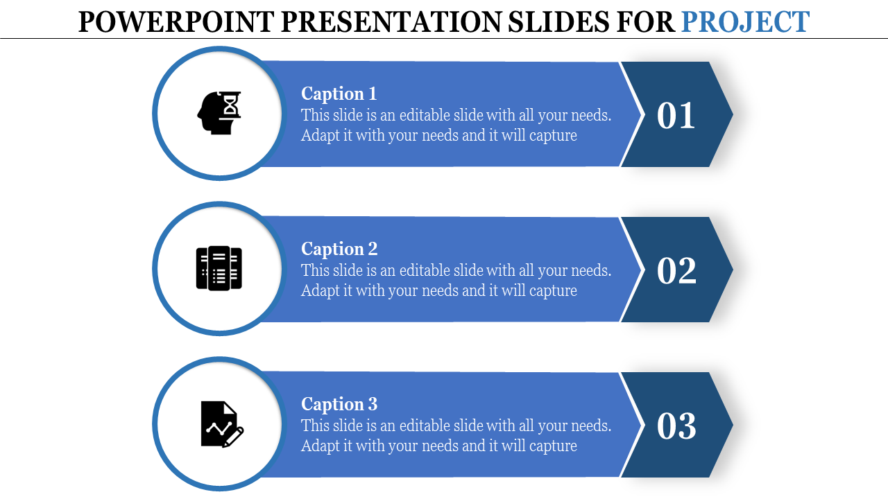 PowerPoint presentation slide with numbered icons for project management a brain, server, and document with captions.