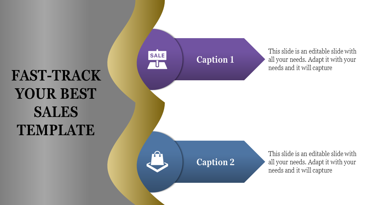 Two-tier sales presentation slide with a gold and gray gradient divider and icon-based captions for key points.