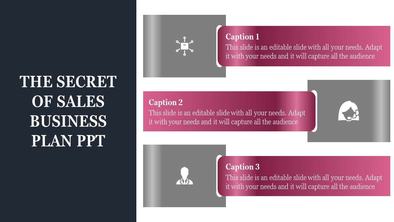 Sales business plan slide featuring icons related to business strategy, communication, and teamwork, and captions.