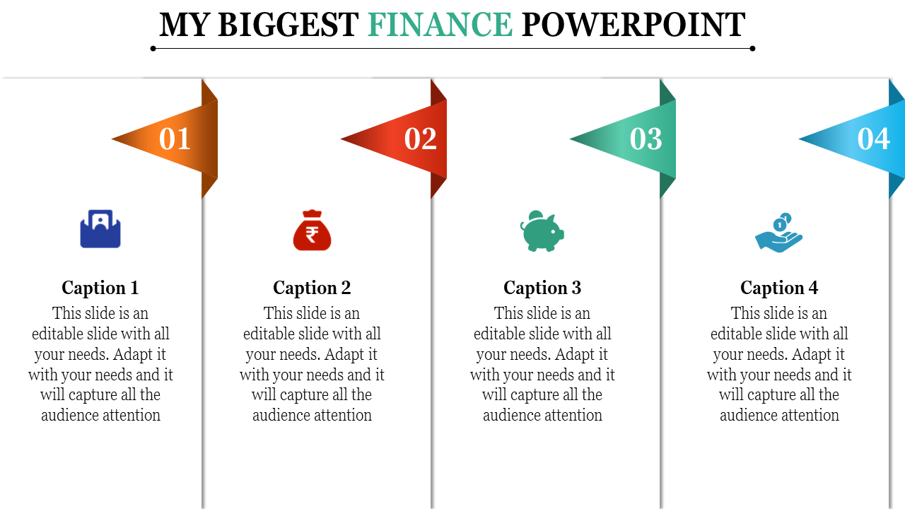 Finance PPT template with flags and sections for finance topics such as savings, investments, and income with captions.