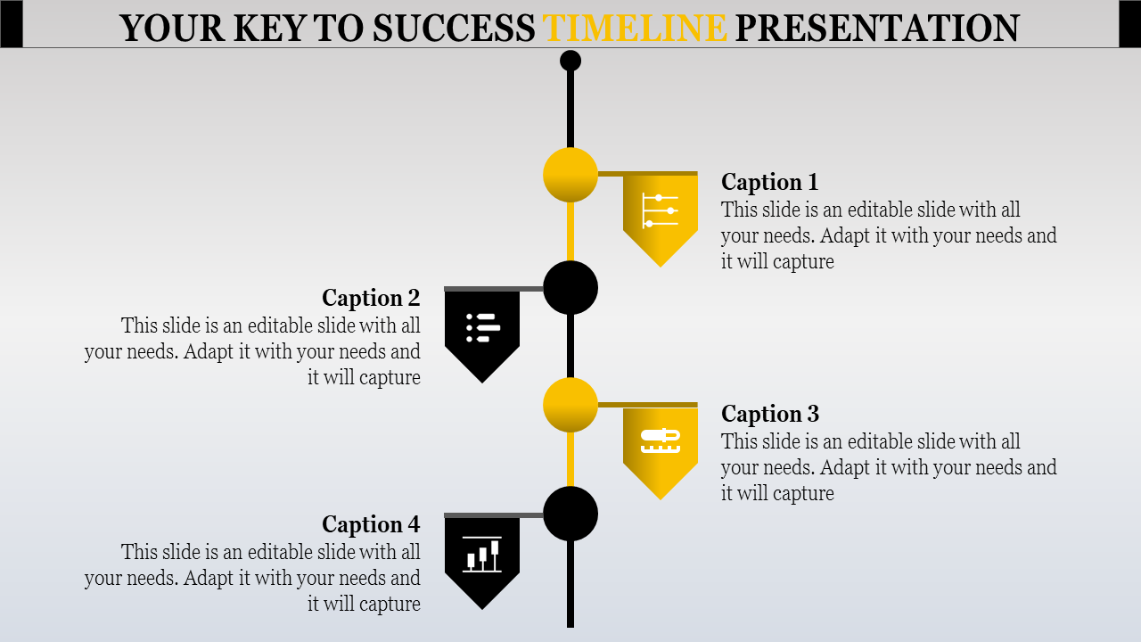 Timeline slide with alternating yellow and black icons, featuring four captions, on a vertical line, aginst a gray backdrop.