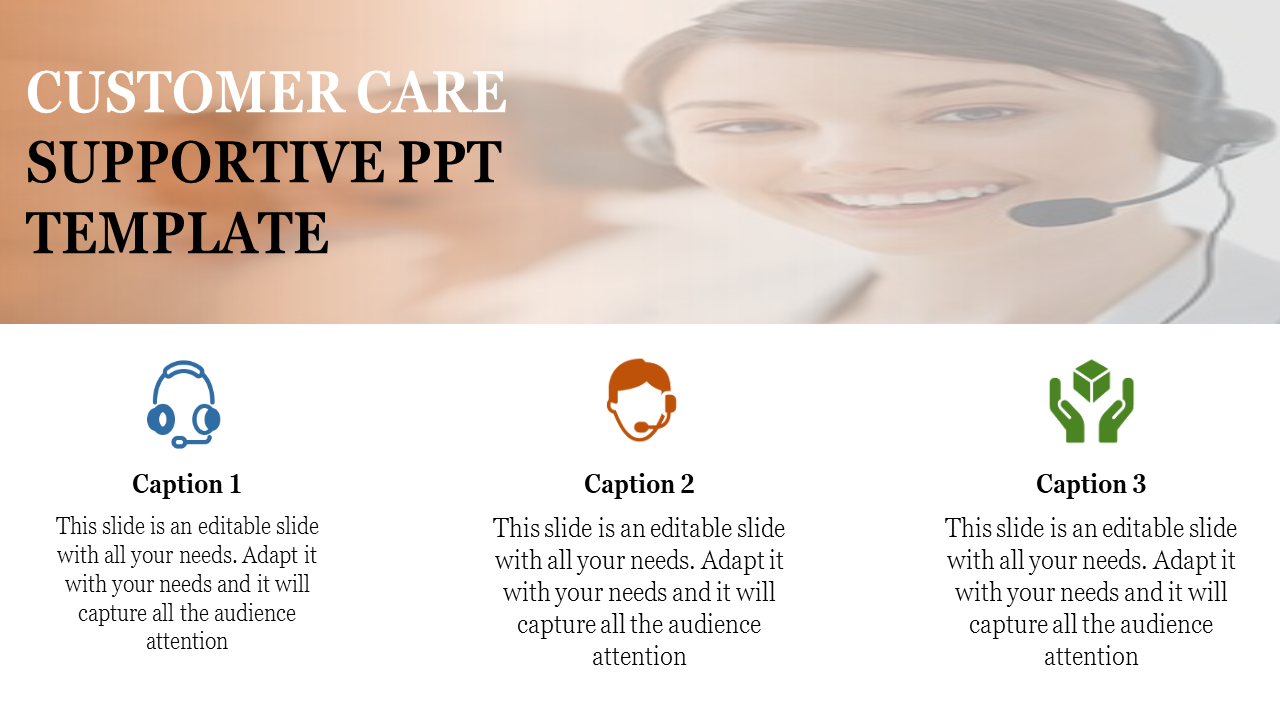 Customer support template showing a female representative with a headset and three placeholder text below.