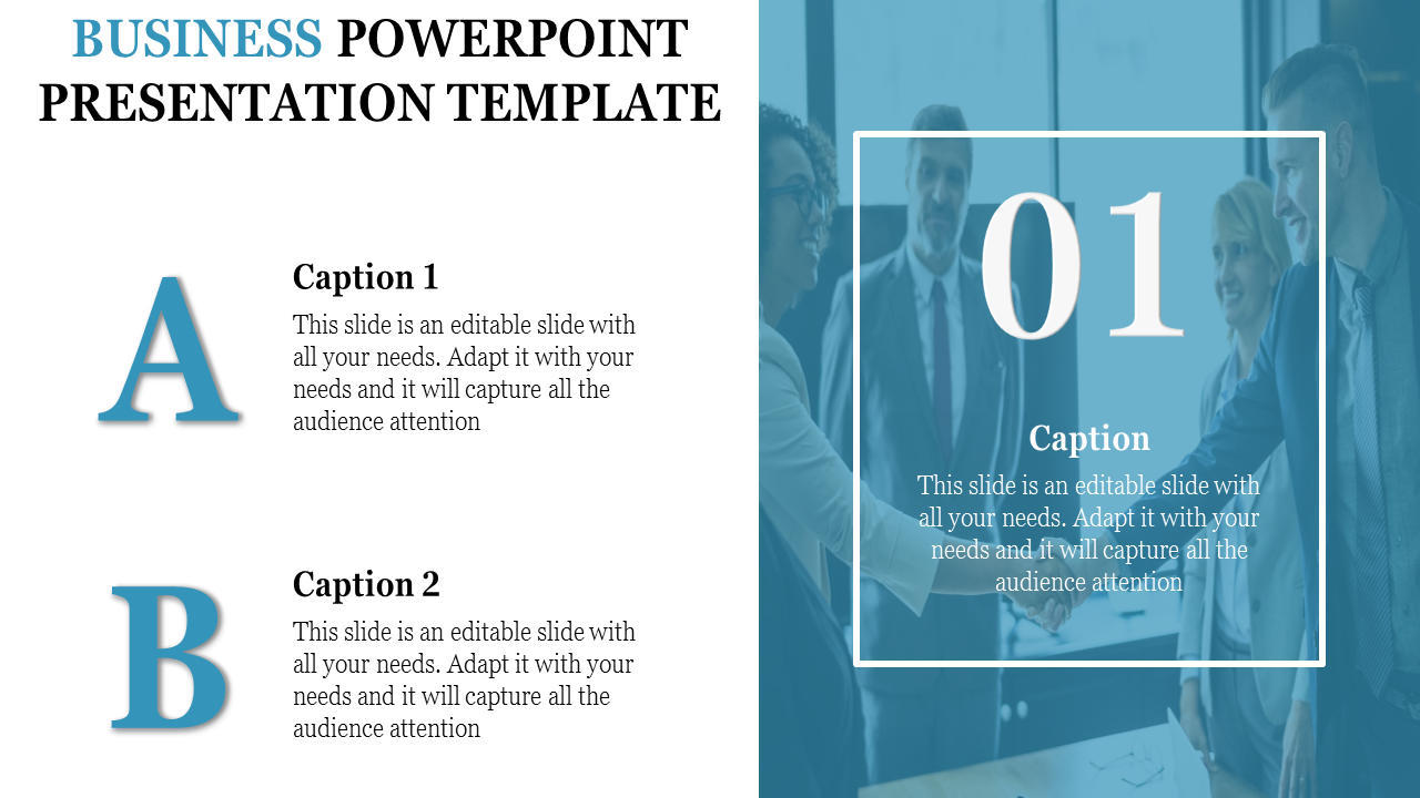 Business themed slide with editable captions labeled A and B, and a photo of a group meeting in a framed layout.