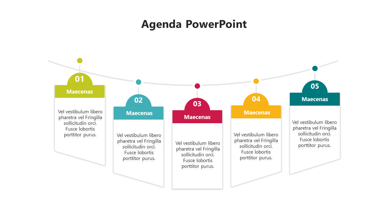 Colorful agenda layout slide with five sections and descriptive text.