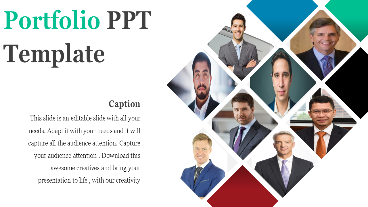 Portfolio PowerPoint template featuring a grid of diamond shaped team member photos with a caption.