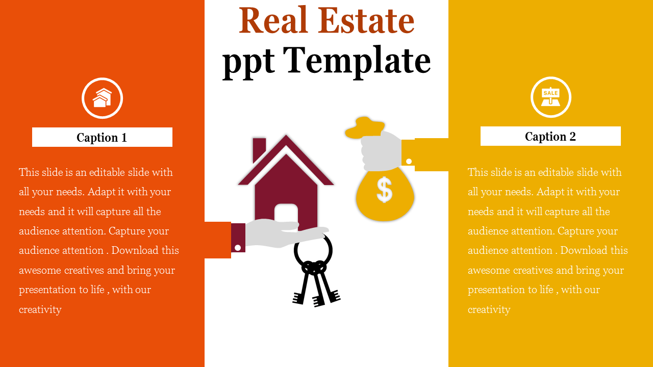 Slide for real estate, highlighting a house and dollar sign graphic with two colorful sections and caption areas.