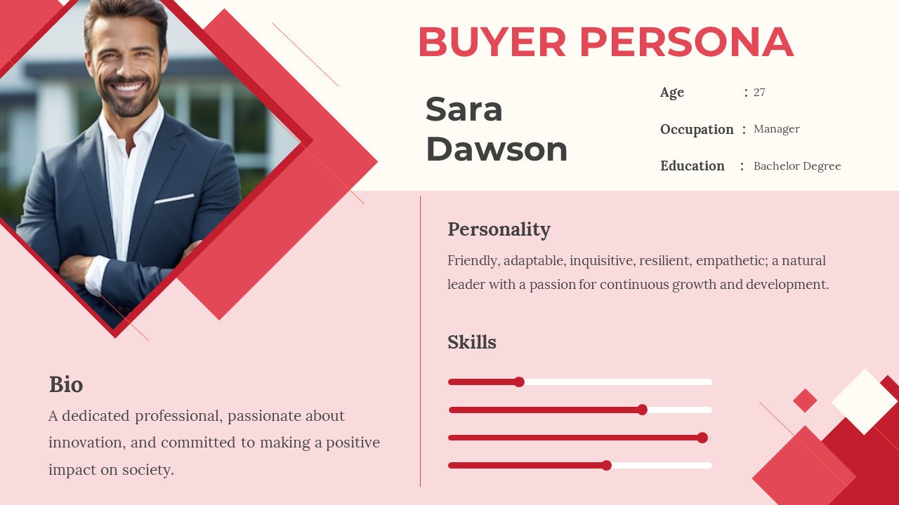 Red themed buyer persona slide featuring a photo, personal details, bio, personality traits, and skills with progress bars.