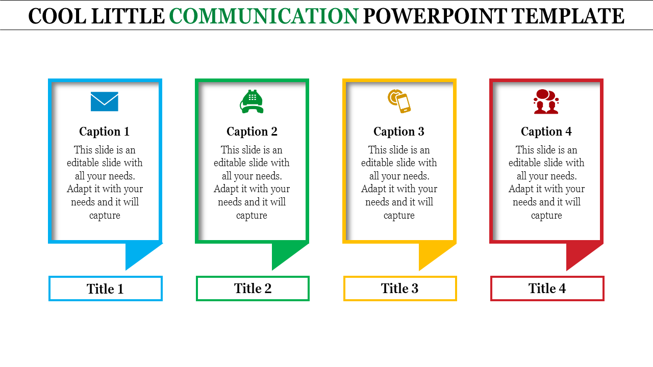 Communication slide with four sections, each featuring icons and text for various communication methods.