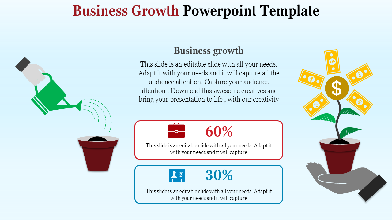 Business growth PowerPoint template featuring a plant growing money with percentage indicators for business metrics.