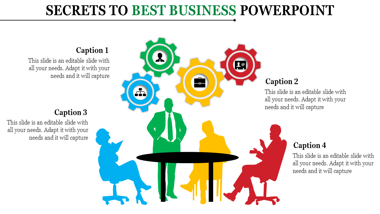 Business meeting illustration with four color-coded silhouettes around a table and four gear icons featuring  symbols above.