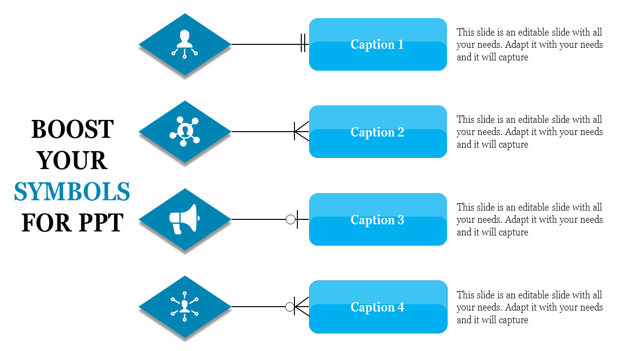 PowerPoint slide with diamond shaped symbols and text boxes for captions with icons.