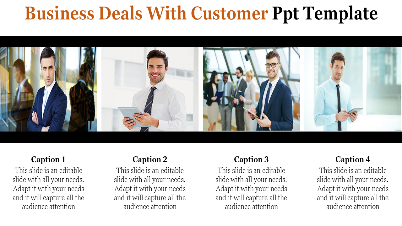 Business PowerPoint template featuring four images of professionals in business settings, accompanied by captions.