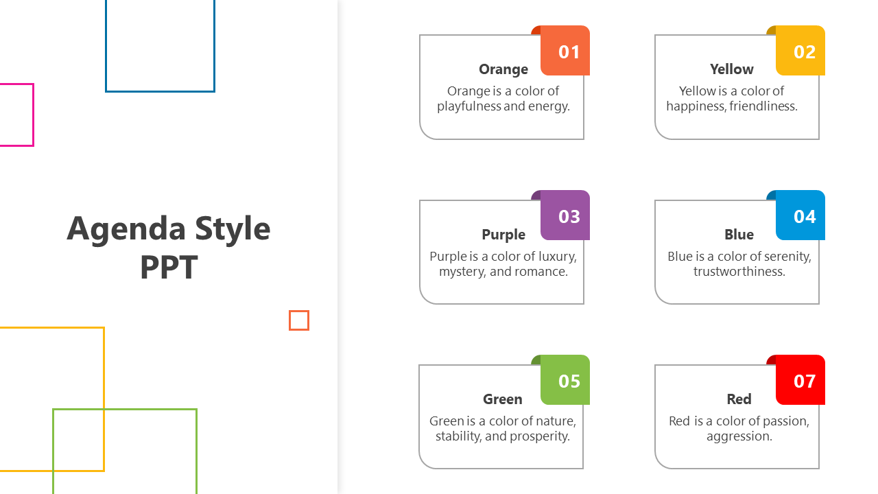 Slide with six colorful sections, each labeled with a color and its corresponding meaning, arranged in a clean agenda style.