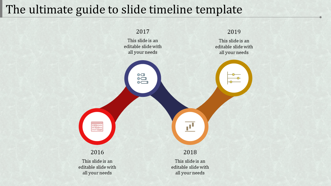 Progressive timeline with red, blue, and gold milestone nodes marking events from 2016 to 2019.