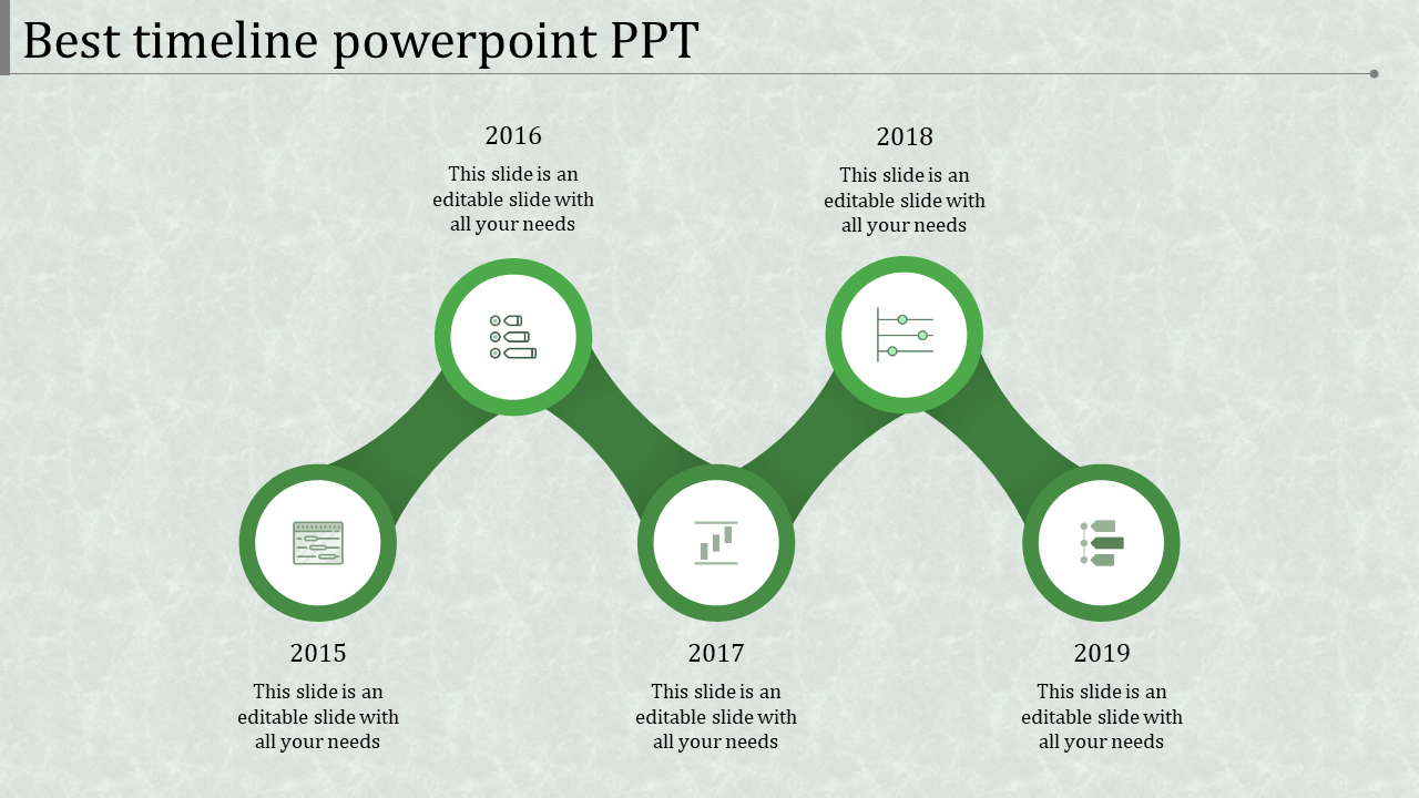 Green curved timeline with circular milestones for years 2015 to 2019, each containing icons and text descriptions.