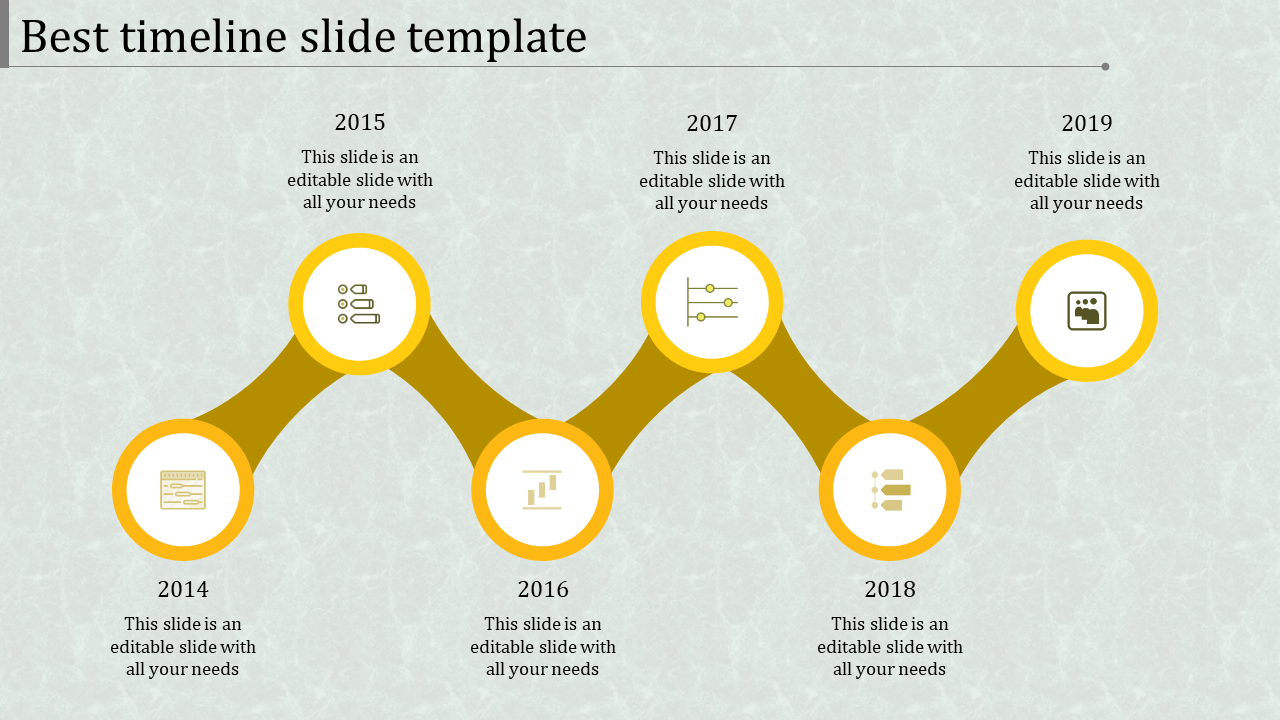 Timeline PowerPoint slide with years 2014 to 2019, each with associated yellow colored icons for different topics.