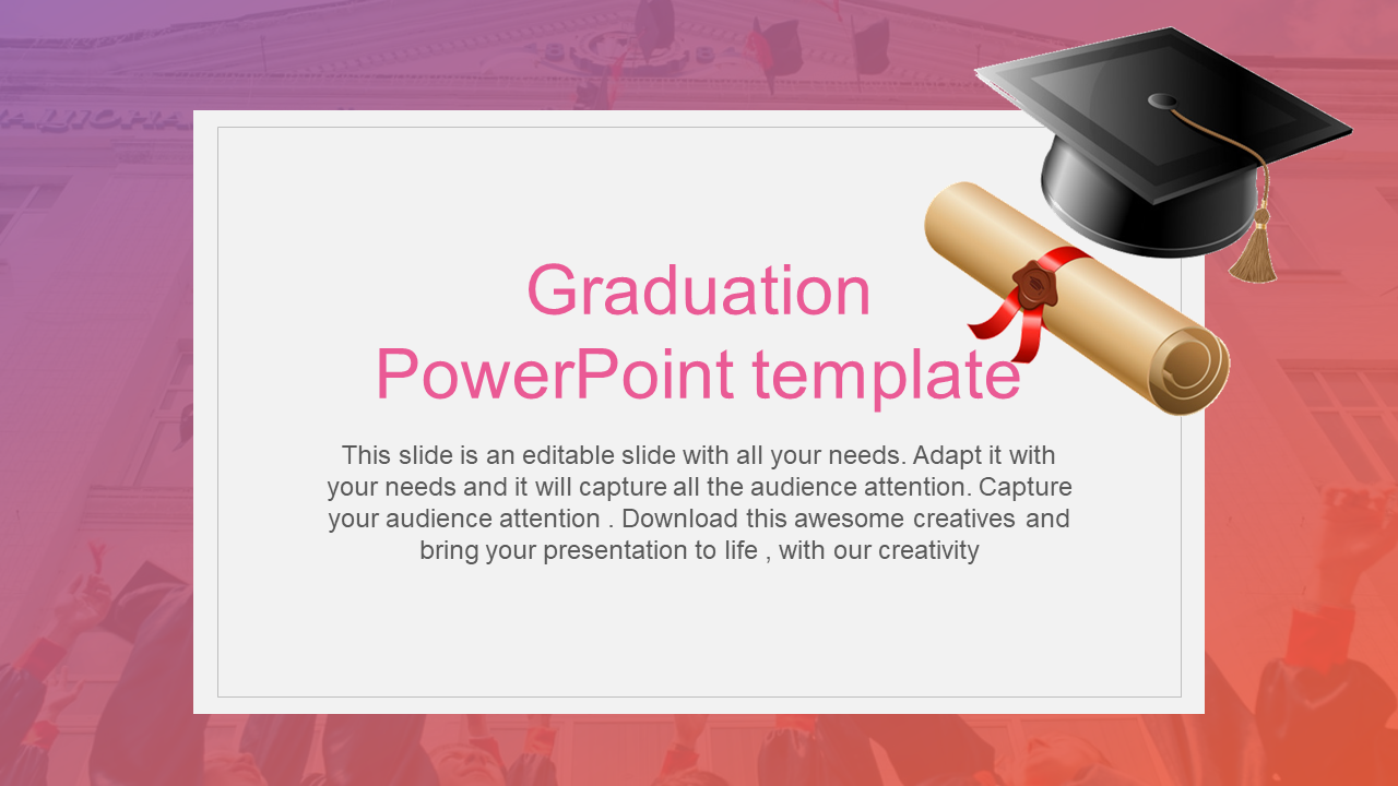 Slide design for graduation highlighted by a cap and diploma illustration on a colorful background with text area.