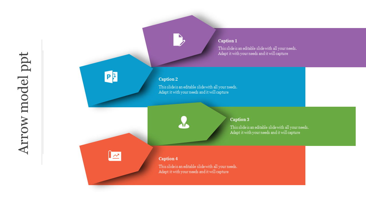 Colorful arrow model PowerPoint template with four sections, each labeled with captions and icons.