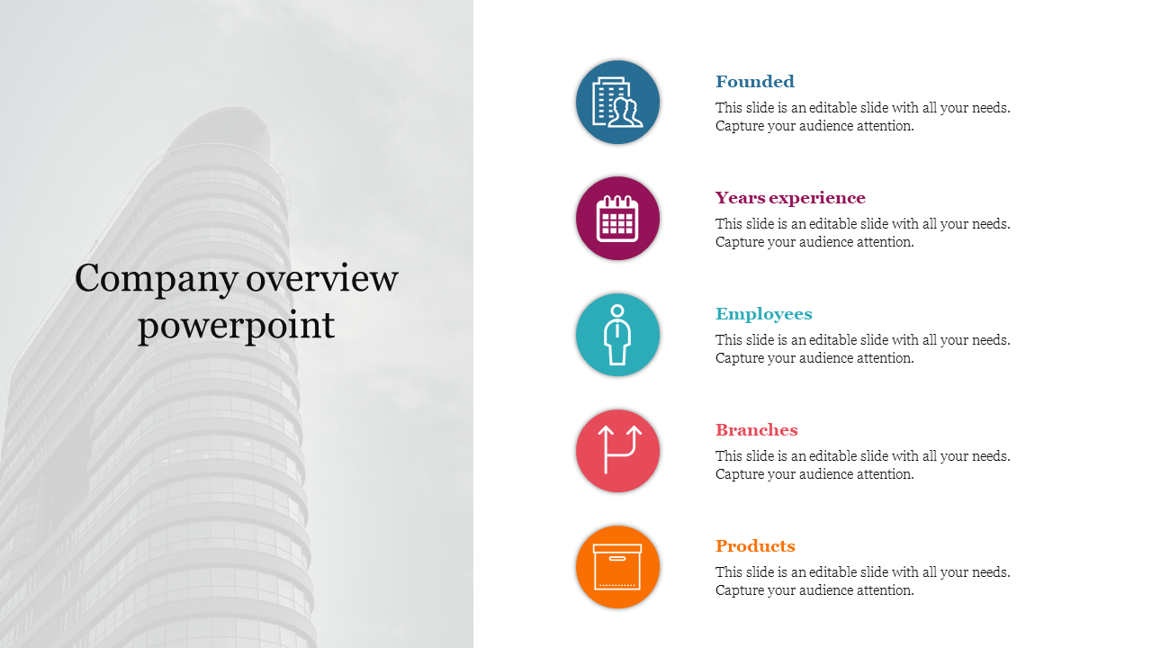 Company overview slide highlighting five key aspects with color coded icons and placeholder text.