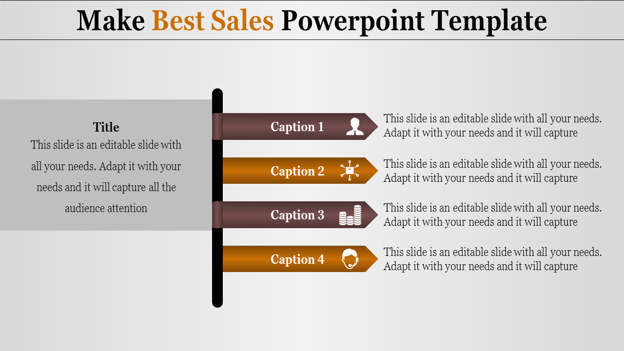 Sales template with a vertical black bar dividing a grey title section on the left and four horizontal captions areas.