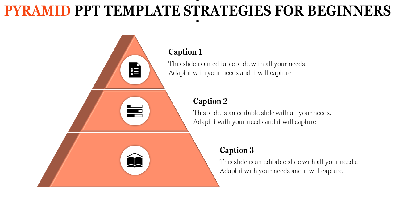 Pyramid infographic with three levels, featuring black icons alongside placeholder text areas on the right.