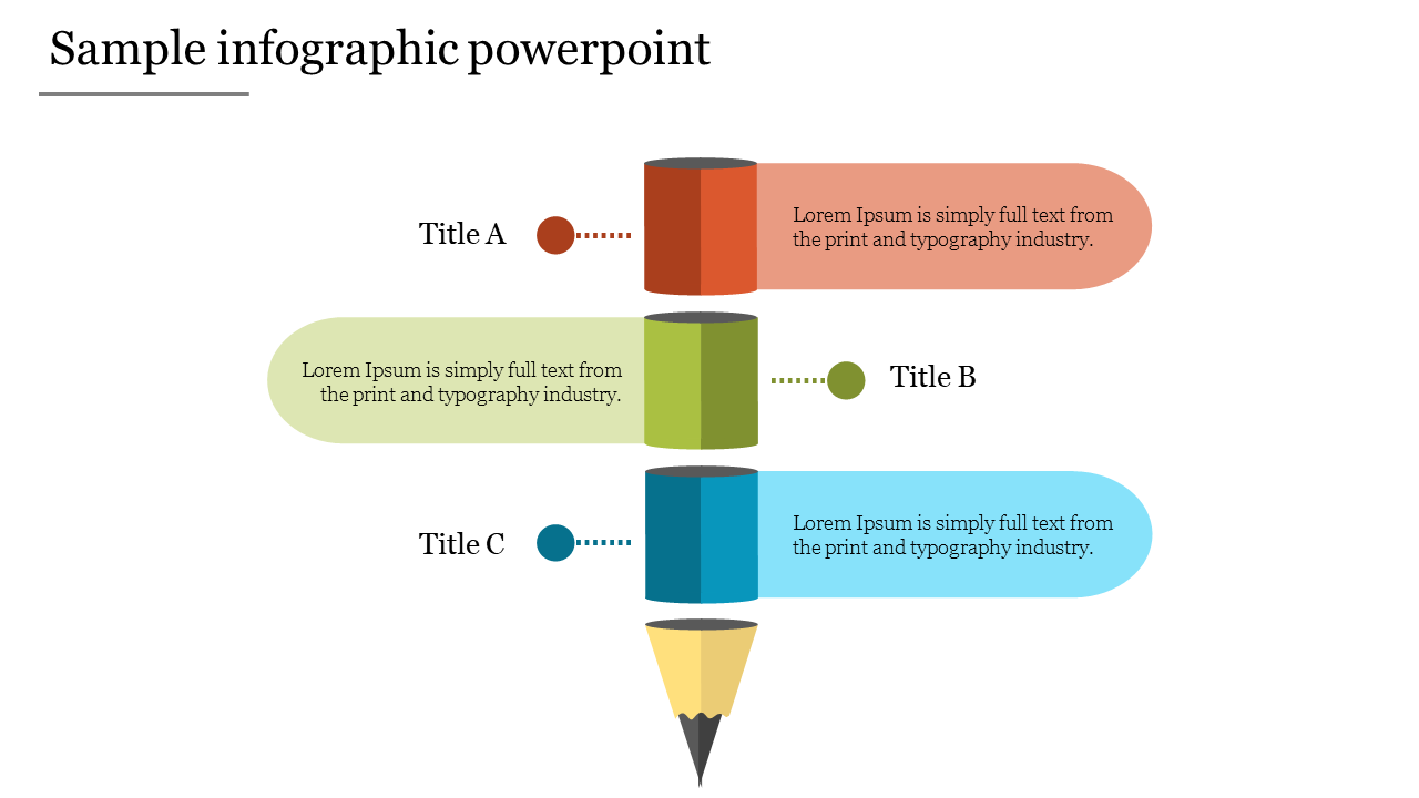 Horizontal infographic design with three layered segments in red, green, and blue, leading to a pencil tip at the bottom.