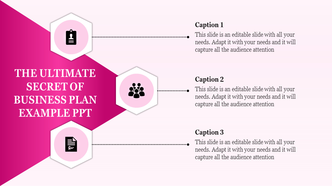 Business plan example PowerPoint template with hexagonal icons for topics with captions on a pink backdrop.