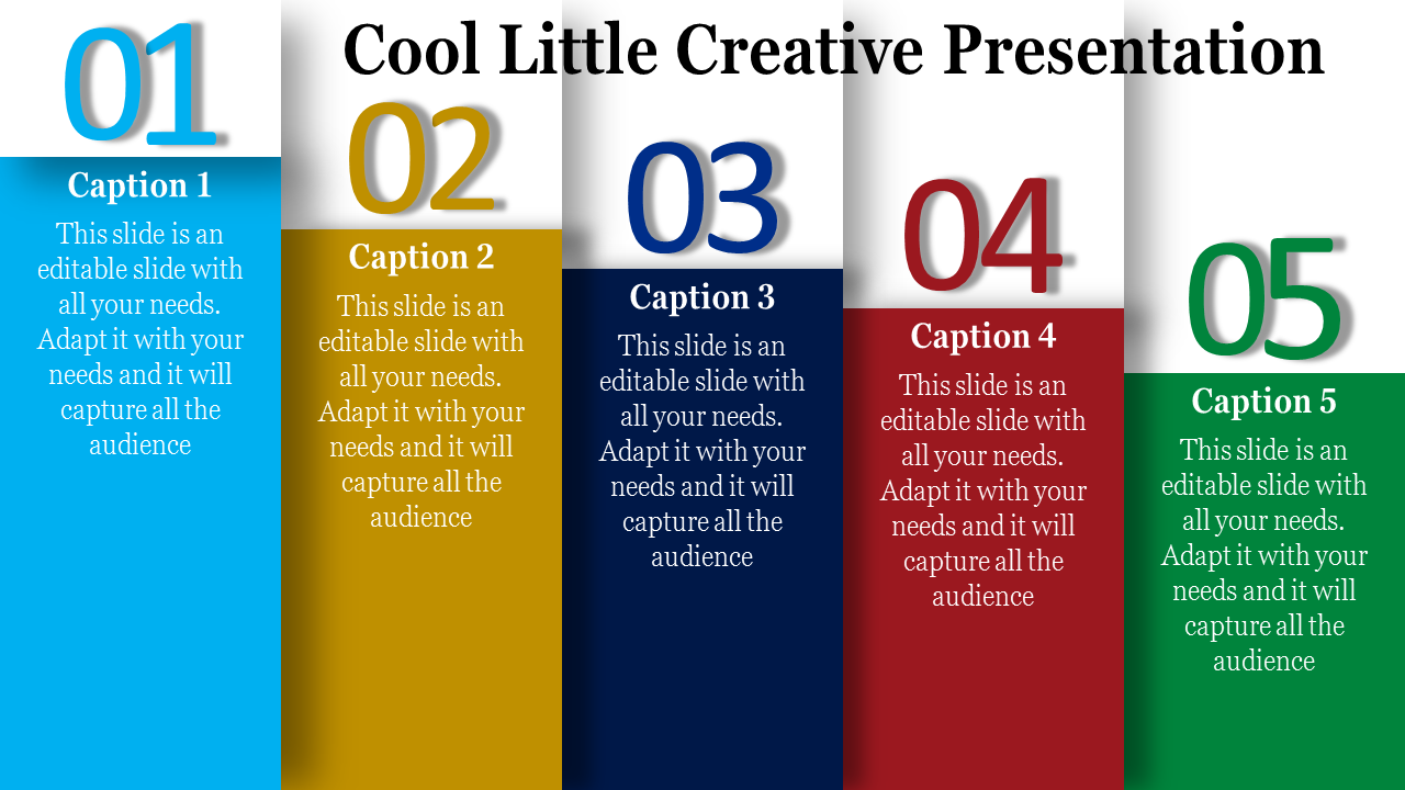 Creative PowerPoint template showcasing five numbered sections, each with a colorful background and content.