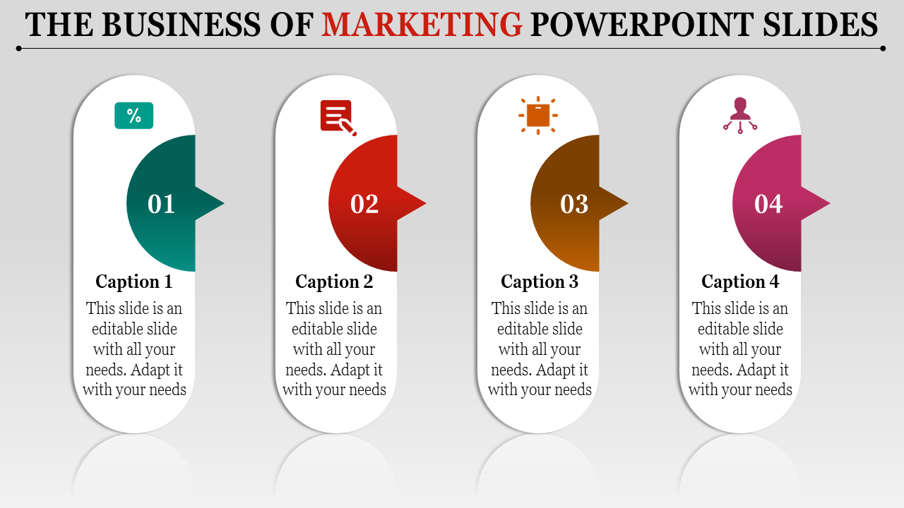 Marketing PowerPoint slide with colorful icons for key business strategies and captions.