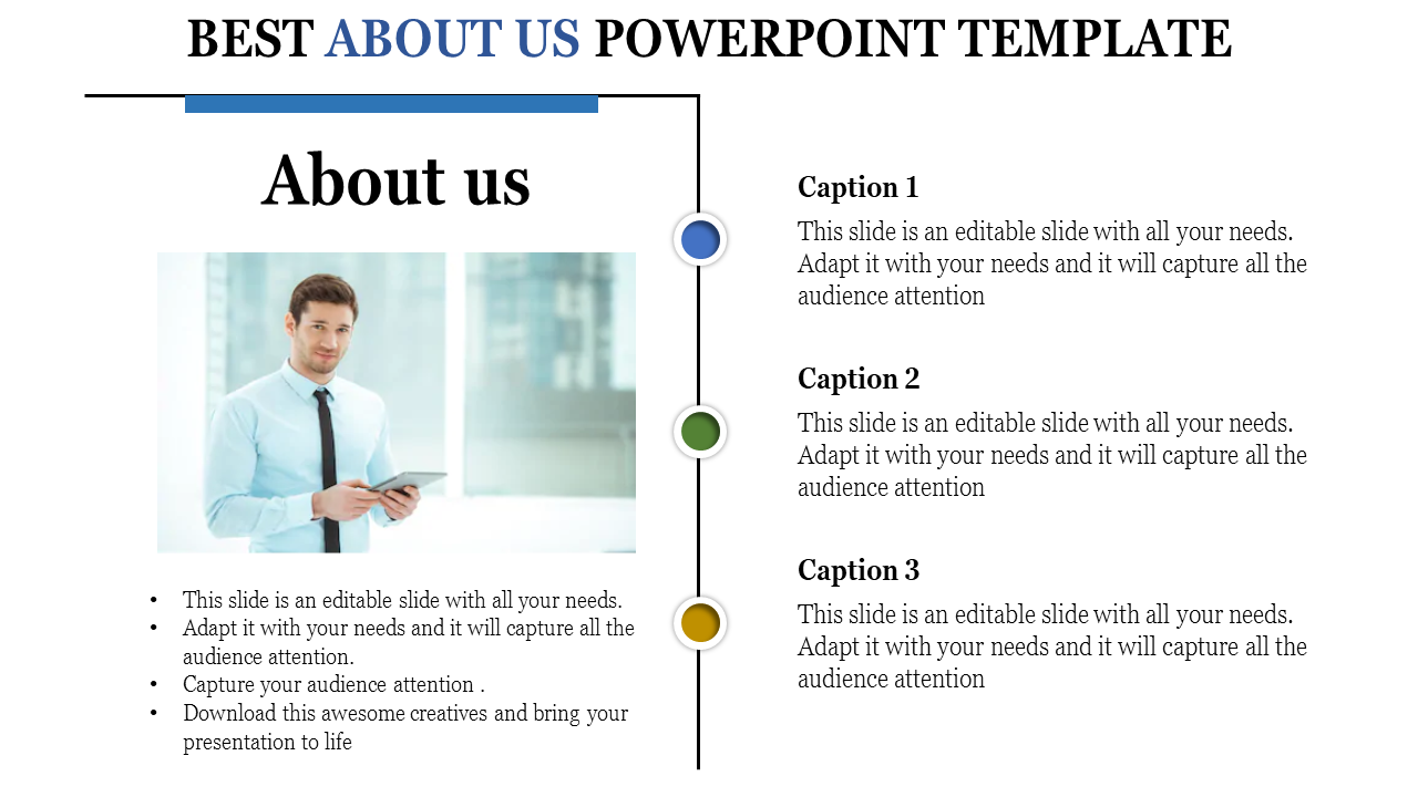 Professional man presenting in an office setting with a title overlay reading About Us PowerPoint Template.