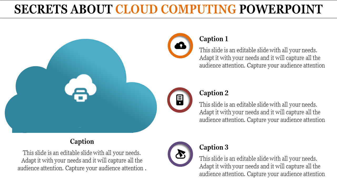 Cloud computing slide featuring a central cloud graphic with icons for cloud storage, server, and data management.